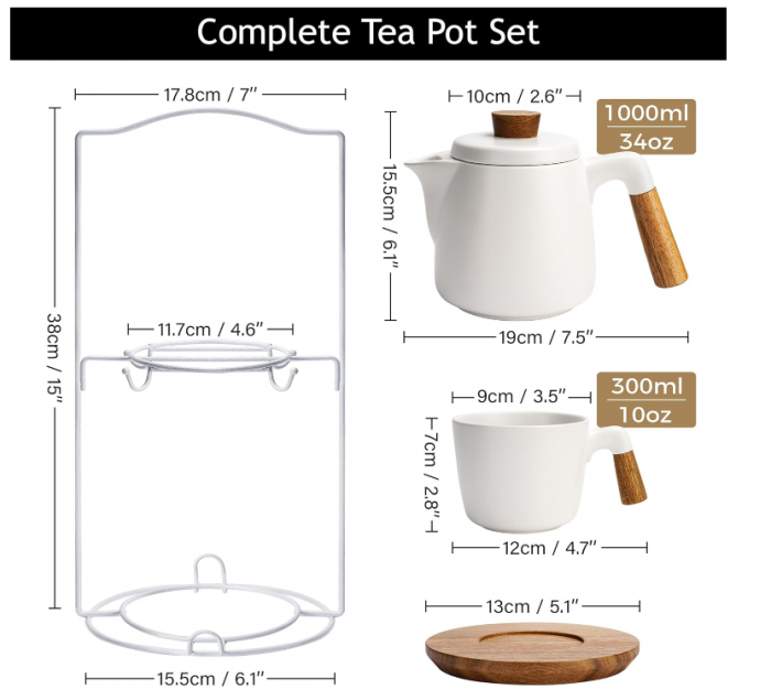 Set ceainic din ceramică MIAMIO, 1 litru, 4 căni, farfurii din bambus, alb [6]