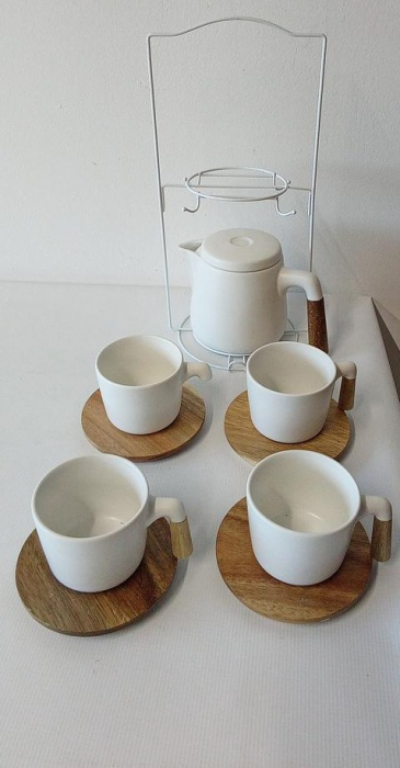 Set ceainic din ceramică MIAMIO, 1 litru, 4 căni, farfurii din bambus, alb [2]