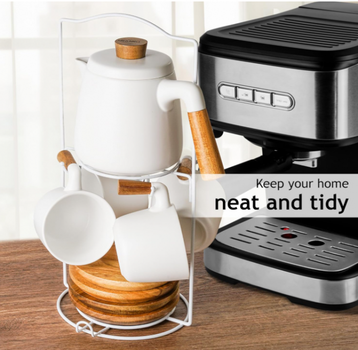 Set ceainic din ceramică MIAMIO, 1 litru, 4 căni, farfurii din bambus, alb [7]