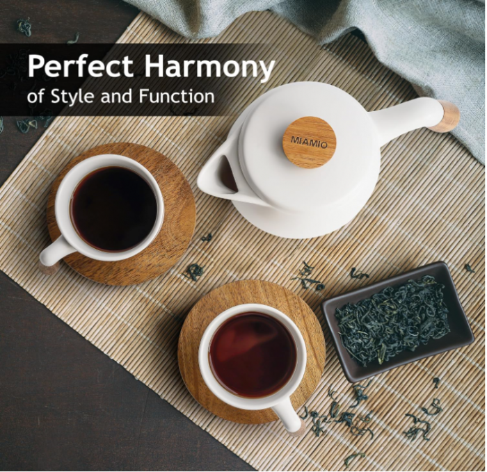 Set ceainic din ceramică MIAMIO, 1 litru, 4 căni, farfurii din bambus, alb [9]