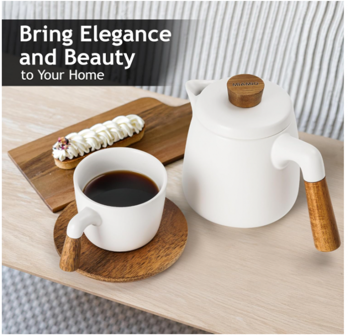 Set ceainic din ceramică MIAMIO, 1 litru, 4 căni, farfurii din bambus, alb [8]