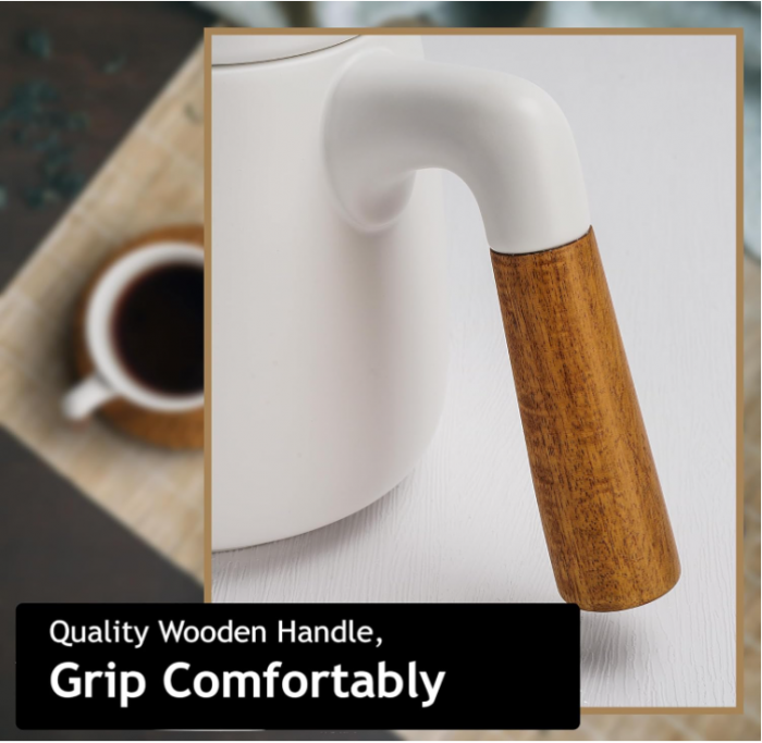 Set ceainic din ceramică MIAMIO, 1 litru, 4 căni, farfurii din bambus, alb [11]