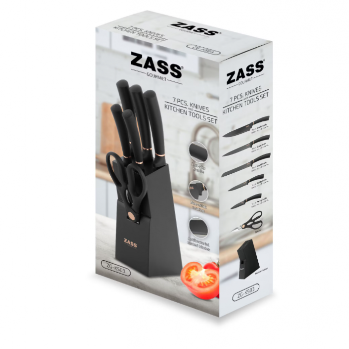 Set cutite de bucatarie 7 piese cu foarfeca si suport din lemn Zass Gourmet ZG-KS 03, Negru [7]