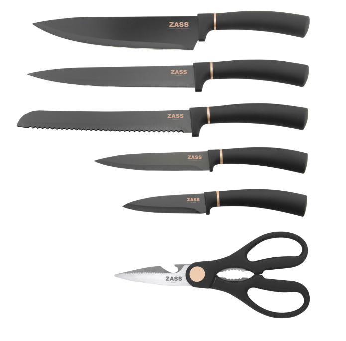 Set cutite de bucatarie 7 piese cu foarfeca si suport din lemn Zass Gourmet ZG-KS 03, Negru [4]
