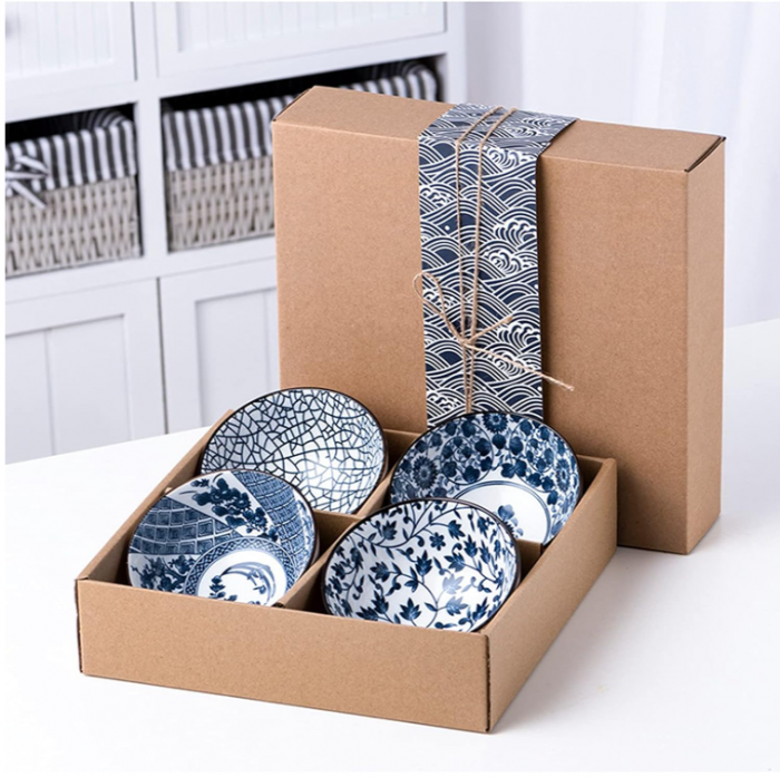 Set de 4 boluri din portelan cu model floral japonez, albastru [9]