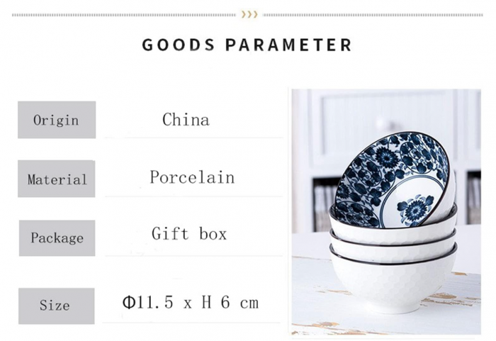 Set de 4 boluri din portelan cu model floral japonez, albastru [7]