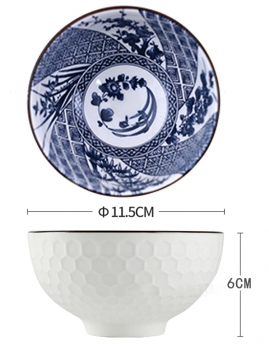 Set de 4 boluri din portelan cu model floral japonez, albastru [4]