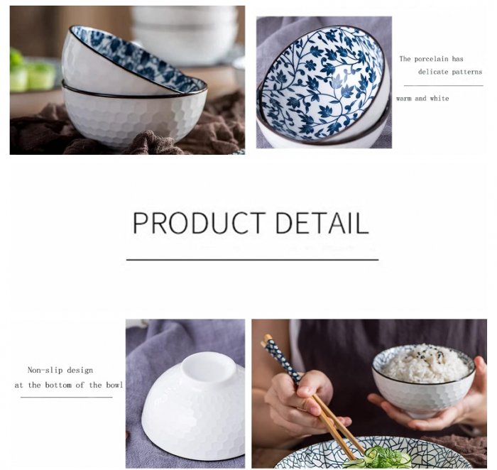 Set de 4 boluri din portelan cu model floral japonez, albastru [6]