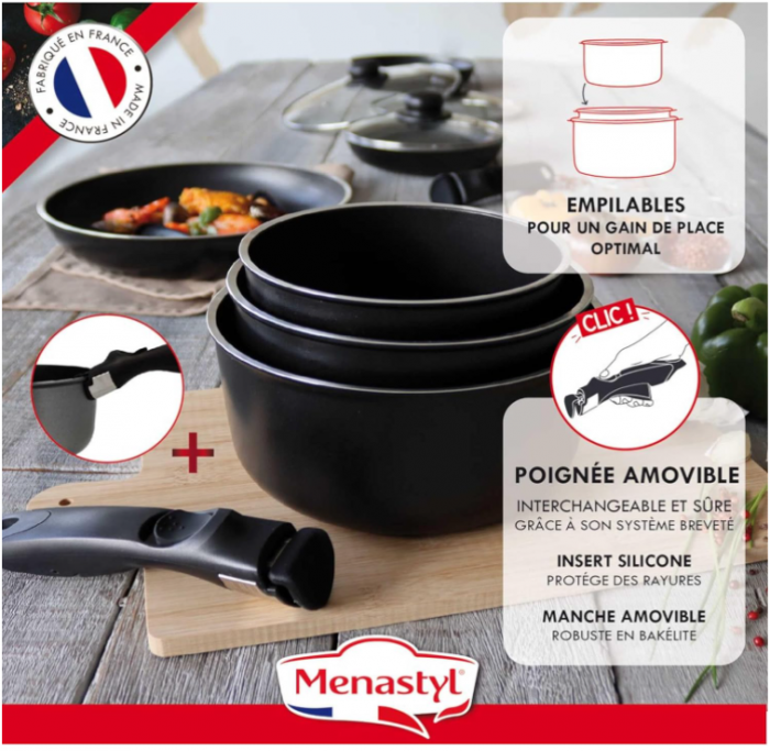 Set MENASTYL de 2 tigăi 24/28 cm + 3 cratițe 16/18/20 cm + 3 capace 20/24/28 cm + 1 mâner detașabil [7]