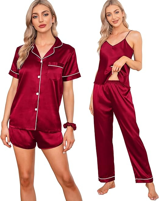 Set pijamale din satin pentru femei SWOMOG, scurte/lungi, 7 piese, rosu, XL [9]