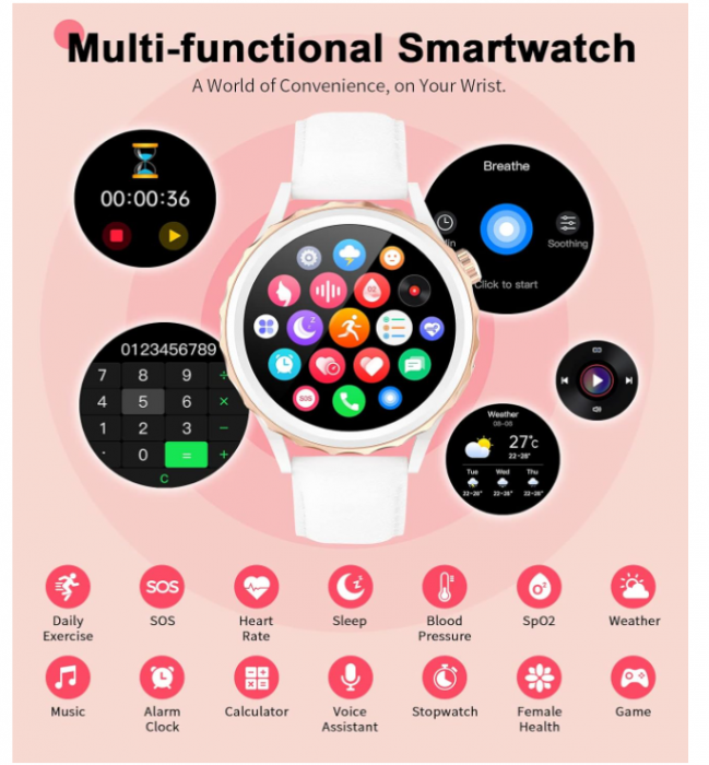Smartwatch pentru femei SIEMORL, 1,32 inchi, Argintiu/Alb [9]