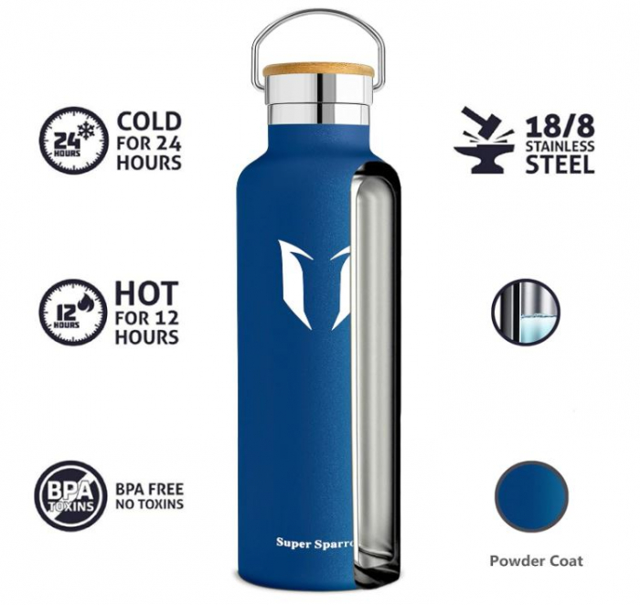 Sticlă de apă din oțel inoxidabil Super Sparrow, 620 ml, termos albastru [5]