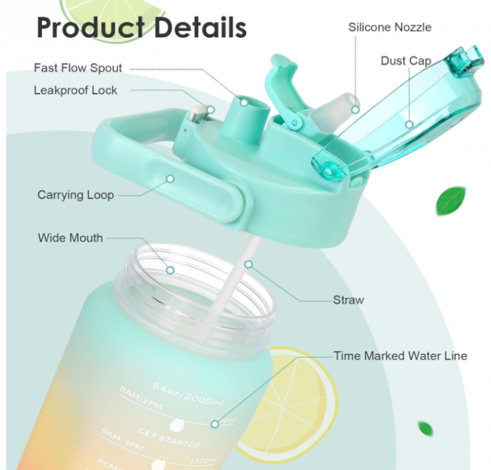 Sticlă de apă gradată LKEVREG, 2 L, fără BPA [6]