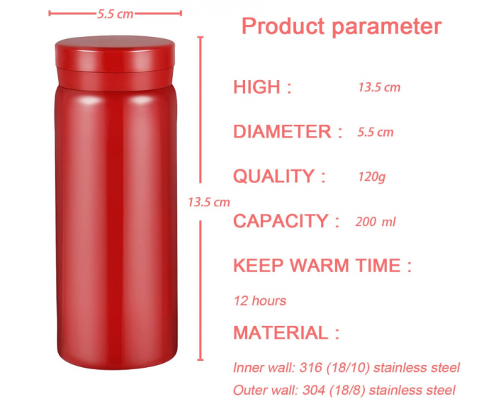 Sticla termos din otel inoxidabil Boenkush, 200 ml, fara BPA, rosu [4]