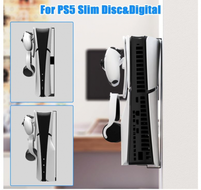 Suport de perete pentru Playstation 5 Slim cu suport pentru controler, negru [5]