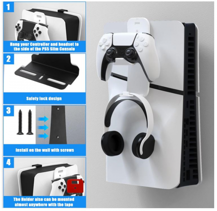 Suport de perete pentru Playstation 5 Slim cu suport pentru controler, negru [4]