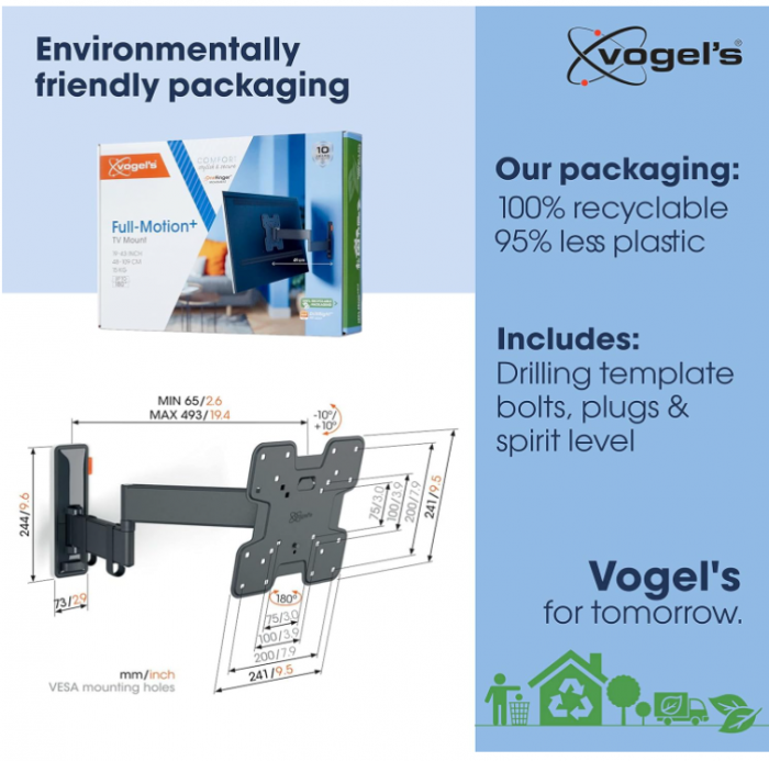 Suport de perete reglabil Vogel's TVM 3245 pentru televizoare de 19-43 inchi, Max 15 kg, 180°, negru [5]