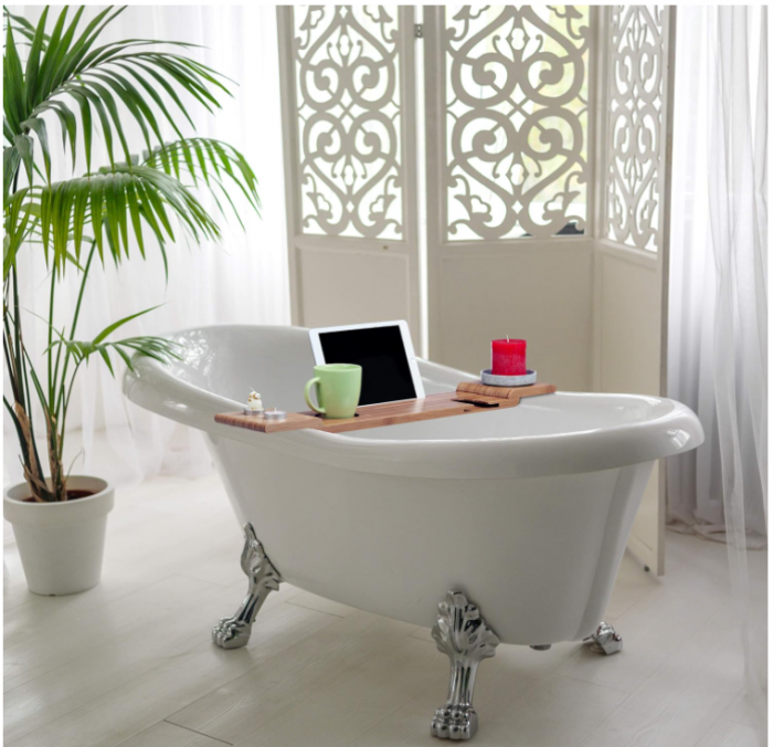 Suport pentru cada, Raft baie Relaxdays din bambus, 70 cm latime [3]