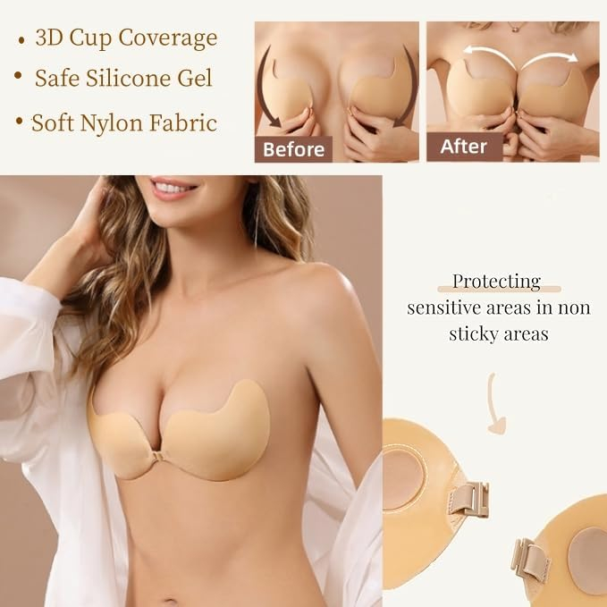 Sutien adeziv push-up BTkviseQat, invizibil, fara bretele, negru/bej, marimea B [5]