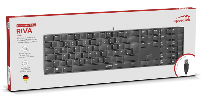 Tastatură cu fir silențioasă Speedlink RIVA Scissor Keyboard pentru PC, cu USB, layout german, negru [7]