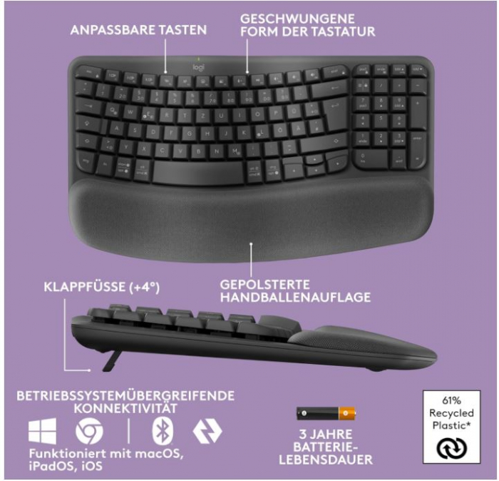 Tastatura fara fir ergonomica Logitech Wave Keys, QWERTZ german, gri grafit [8]