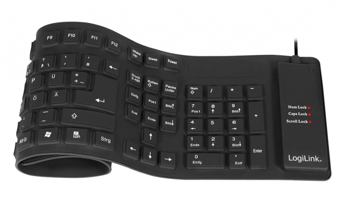 Tastatură flexibilă LogiLink ID0019A, rezistentă la apă, QWERTZ - aspect german, 109 taste, negru [5]