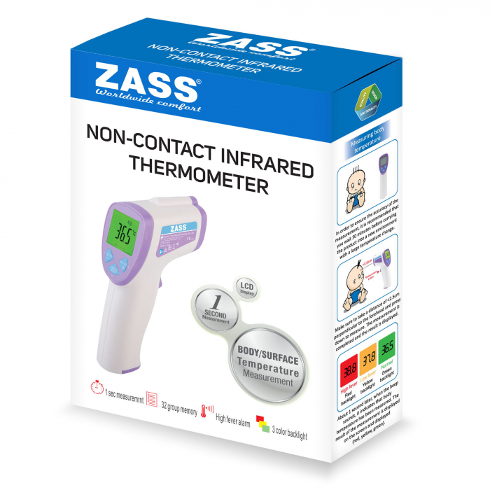 Termometru fara contact cu infrarosu Zass ZIT 01, Model YI-400, afisaj LCD, 2x AAA, alb/mov [5]