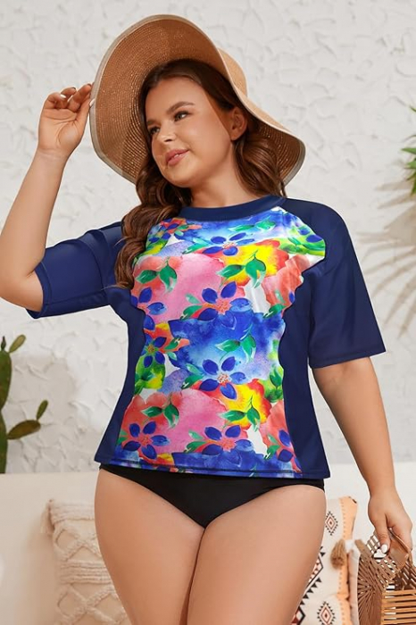 Tricou de inot cu maneca scurta pentru femei SHEKINI, uscare rapida, model floral, 5XL [5]