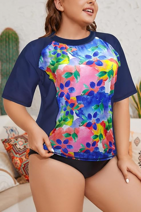 Tricou de inot cu maneca scurta pentru femei SHEKINI, uscare rapida, model floral, 5XL [3]