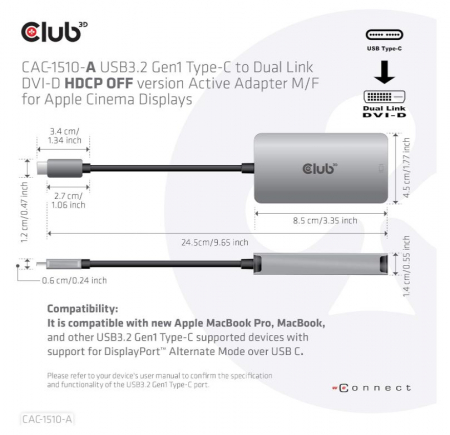Adaptor activ Club 3D CAC-1510-A Gen1 Type-C la Dual Link DVI-D HDCP, Adaptor activ S/B pentru Apple Cinema Displays [5]