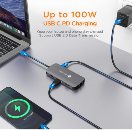 Adaptor Hub USB-C, NOVOO 7 în 1 la HDMI 4K, Ethernet RJ45, 4 porturi USB, tip C 100W PD [4]