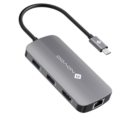 Retelistica & Supraveghere - Adaptor Hub USB-C, NOVOO 7 în 1 la HDMI 4K, Ethernet RJ45, 4 porturi USB, tip C 100W PD
