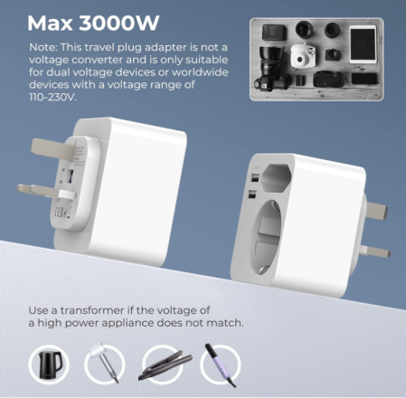 Adaptor priză Hoppac Anglia, 2 porturi USB 2.4A cu mufă europeană și Schuko tip G [6]