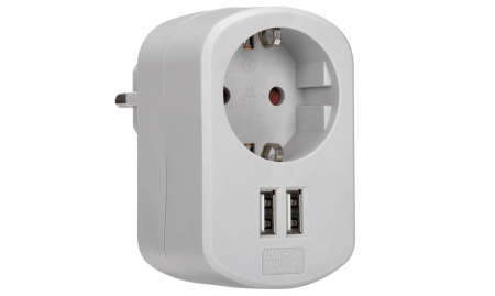 Iluminat & Electrice - Adaptor SIMON, Adaptor de călătorie cu priză Schuko de 16A și 2 mufe USB, Adaptor de alimentare pentru încărcare de perete, USB Thief