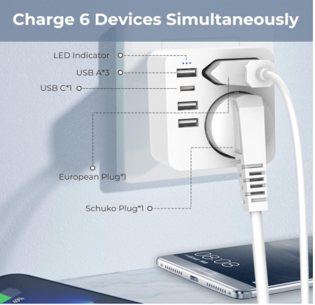Adaptor UK Hoppac, Adaptor 6 în 1, 3 USB, 1 USB-C [3]
