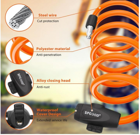 Antifurt bicicleta SPGOOD, 120cm/12mm, 2 chei, portocaliu [2]