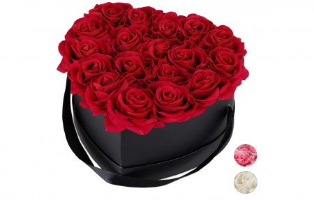 Decoratiuni - Aranjament floral Relaxdays cu trandafiri in forma de inima, cutie neagra