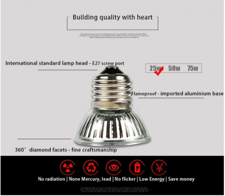 Bec cu inflarosu pentru incalzire terariu, E27, 25W, pentru reptile, amfibieni, terarii [2]