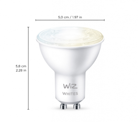Bec LED inteligent WiZ Connected Whites, Wi-Fi, GU10, 4.9W (50W), 345 lm, temperatura lumina reglabila (2700K-6500K), compatibil Google Assistant/Alexa/Siri, clasa energetica F [3]