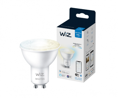 Casa, Gradina & Bricolaj - Bec LED inteligent WiZ Connected Whites, Wi-Fi, GU10, 4.9W (50W), 345 lm, temperatura lumina reglabila (2700K-6500K), compatibil Google Assistant/Alexa/Siri, clasa energetica F