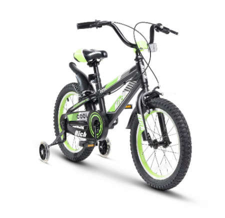 Bicicleta pentru copii de 4-6 ani Rich Baby Cool, cu roti ajutatoare, roti de 16 inch, negru/verde [14]
