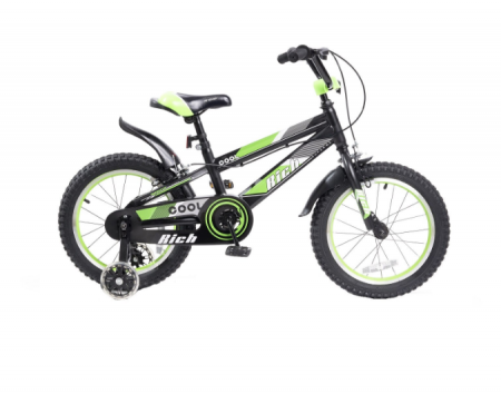 Bicicleta pentru copii de 4-6 ani Rich Baby Cool, cu roti ajutatoare, roti de 16 inch, negru/verde [0]