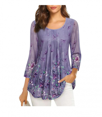Imbracaminte femei - Bluza de dama VALOLIA, cu maneci 3/4, model floral, violet, XXL