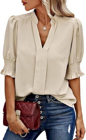 TOATE PRODUSELE - Bluza de vara pentru femei Arevill, decolteu in V, maneca scurta, bej, L