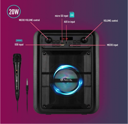 Boxa portabila NGS ROLLER LINGO BLACK 20W, cu microfon pentru karaoke și lumini LED încorporate [3]