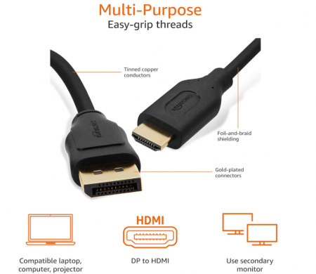 Cablu DisplayPort la HDMI Amazon Basics, unidirecțional, 1.83 m, negru [5]