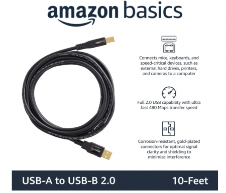 Cablu pentru imprimantă sau hard disk extern Amazon Basics USB-A la USB-B 2.0, 3 metri, negru [1]