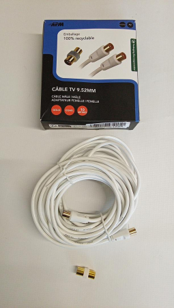 Cablu TV coaxial APM 408016, 10 m, masculin la masculin, adaptor mamă, alb [1]