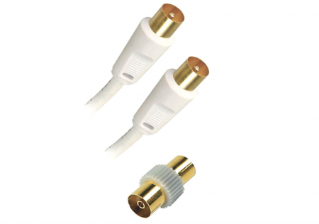 Televizoare & accesorii - Cablu TV coaxial APM 408016, 10 m, masculin la masculin, adaptor mamă, alb