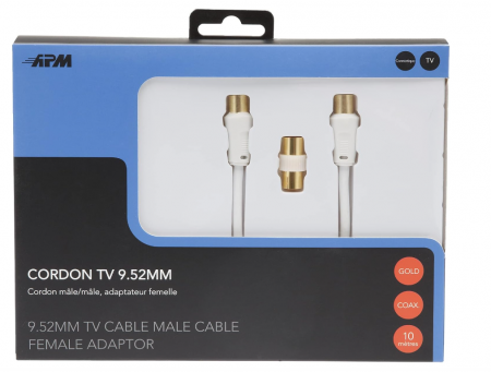 Cablu TV coaxial APM 408016, 10 m, masculin la masculin, adaptor mamă, alb [4]